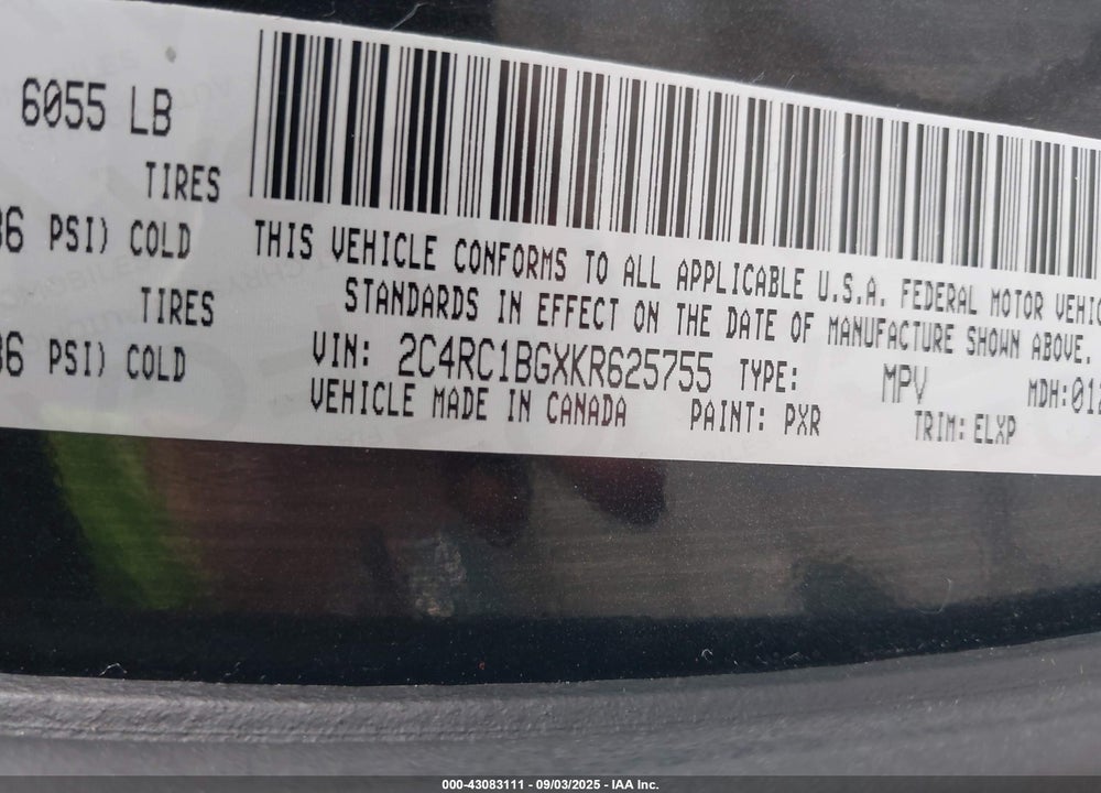 2019 CHRYSLER PACIFICA VIN: 2C4RC1BGXKR625755