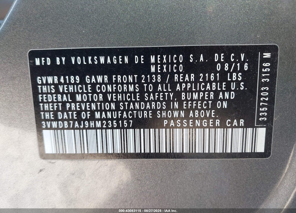 2017 VOLKSWAGEN JETTA 1.4T SE VIN: 3VWDB7AJ9HM235157
