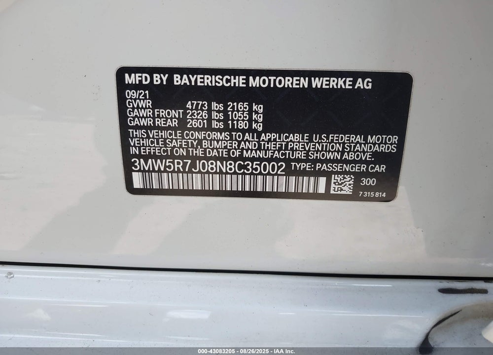 2022 BMW 330I XDRIVE VIN: 3MW5R7J08N8C35002