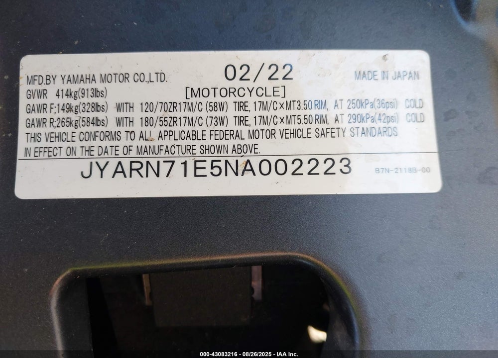 2022 YAMAHA MT09 VIN: JYARN71E5NA002223