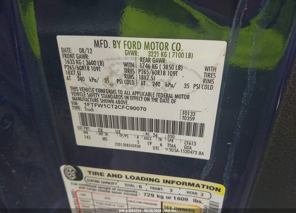 2012 FORD F-150 VIN: 1FTFW1CT2CFC90070