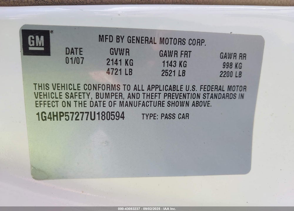 2007 BUICK LUCERNE CX VIN: 1G4HP57277U180594