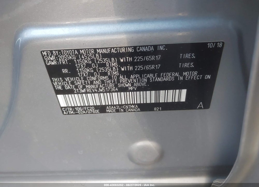 2018 TOYOTA RAV4 VIN: 2T3WFREV4JW517364
