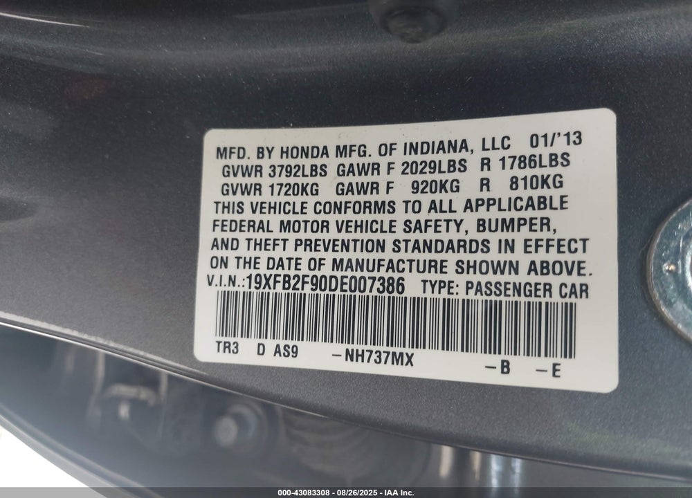 2013 HONDA CIVIC VIN: 19XFB2F90DE007386