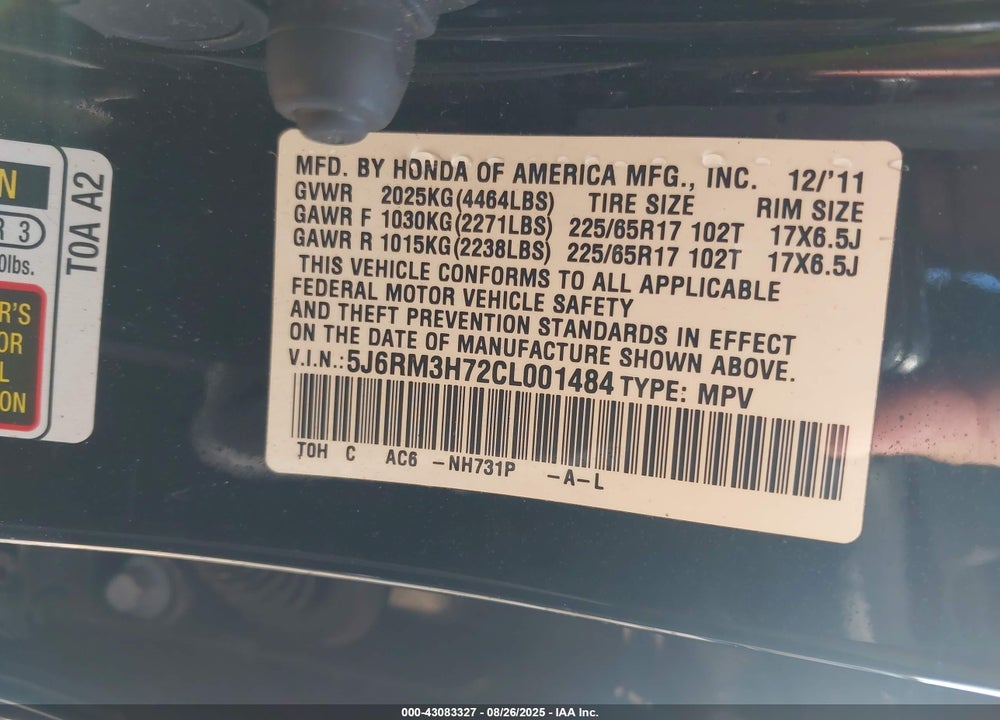 2012 HONDA CR-V VIN: 5J6RM3H72CL001484