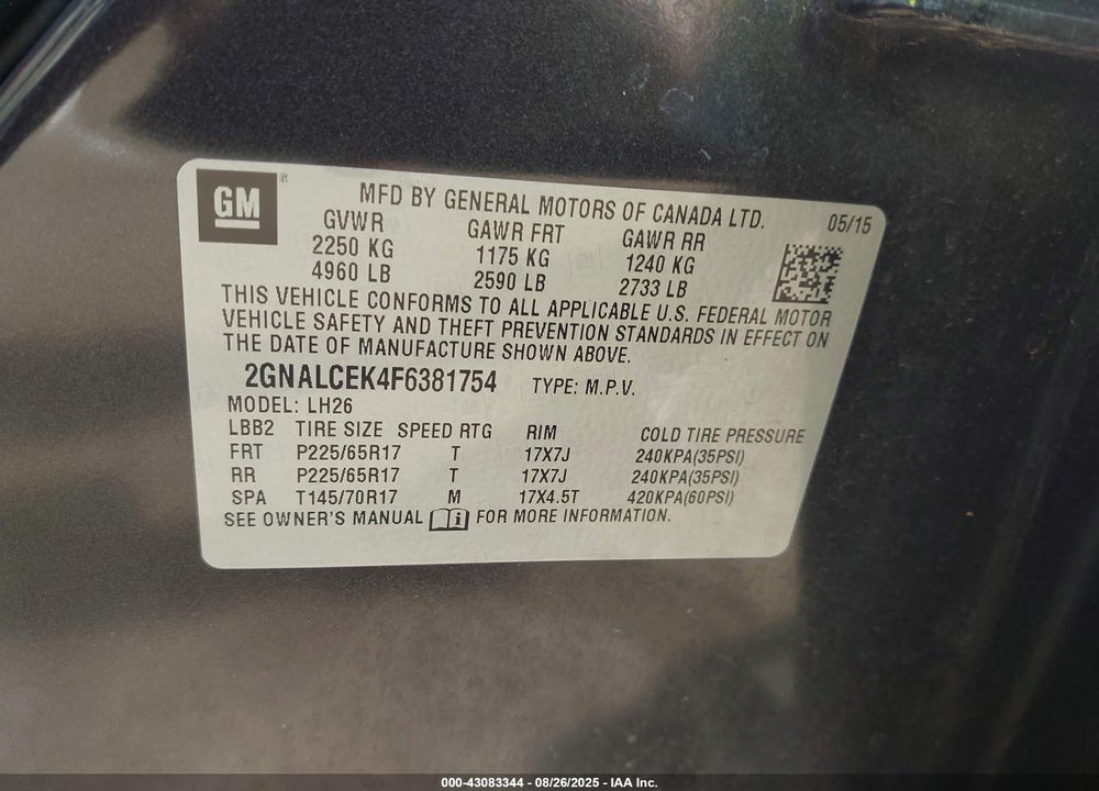 2015 CHEVROLET EQUINOX VIN: 2GNALCEK4F6381754