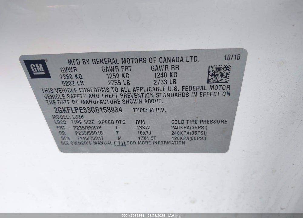 2016 GMC TERRAIN SLT VIN: 2GKFLPE33G6158934