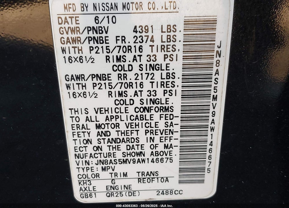 2010 NISSAN ROGUE VIN: JN8AS5MV9AW146675