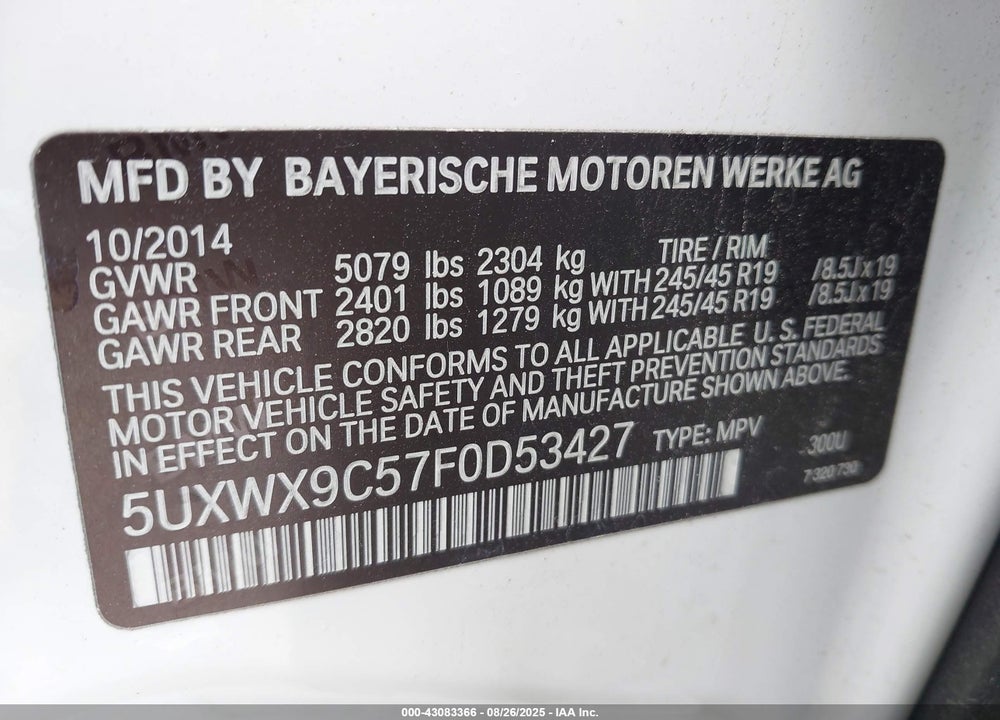 2015 BMW X3 XDRIVE28I VIN: 5UXWX9C57F0D53427