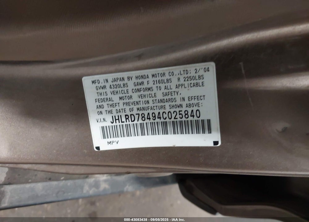 2004 HONDA CR-V LX VIN: JHLRD78494C025840