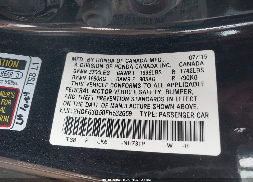 2015 HONDA CIVIC LX VIN: 2HGFG3B50FH532659