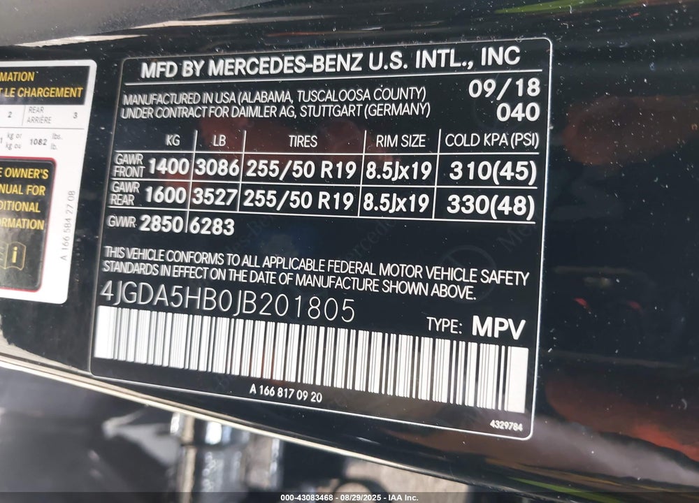 2018 MERCEDES-BENZ GLE CLASS VIN: 4JGDA5HB0JB201805