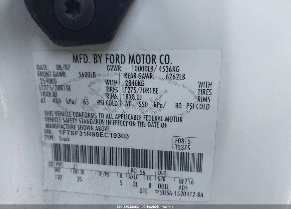 2008 FORD F-350 XL/XLT VIN: 1FTSF31R98EC19303