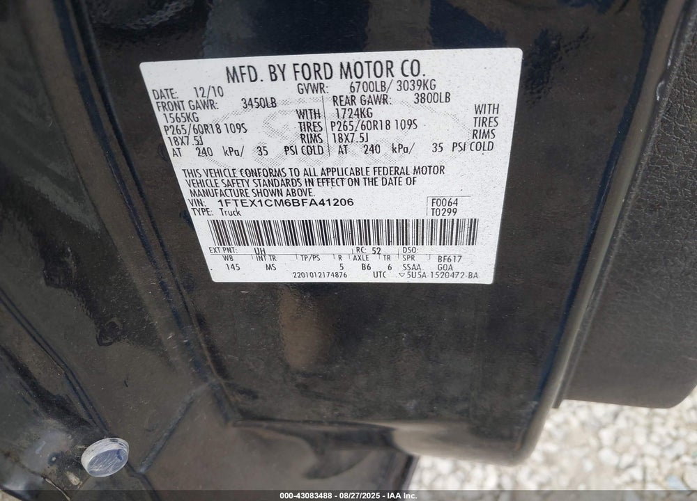 2011 FORD F-150 XLT VIN: 1FTEX1CM6BFA41206