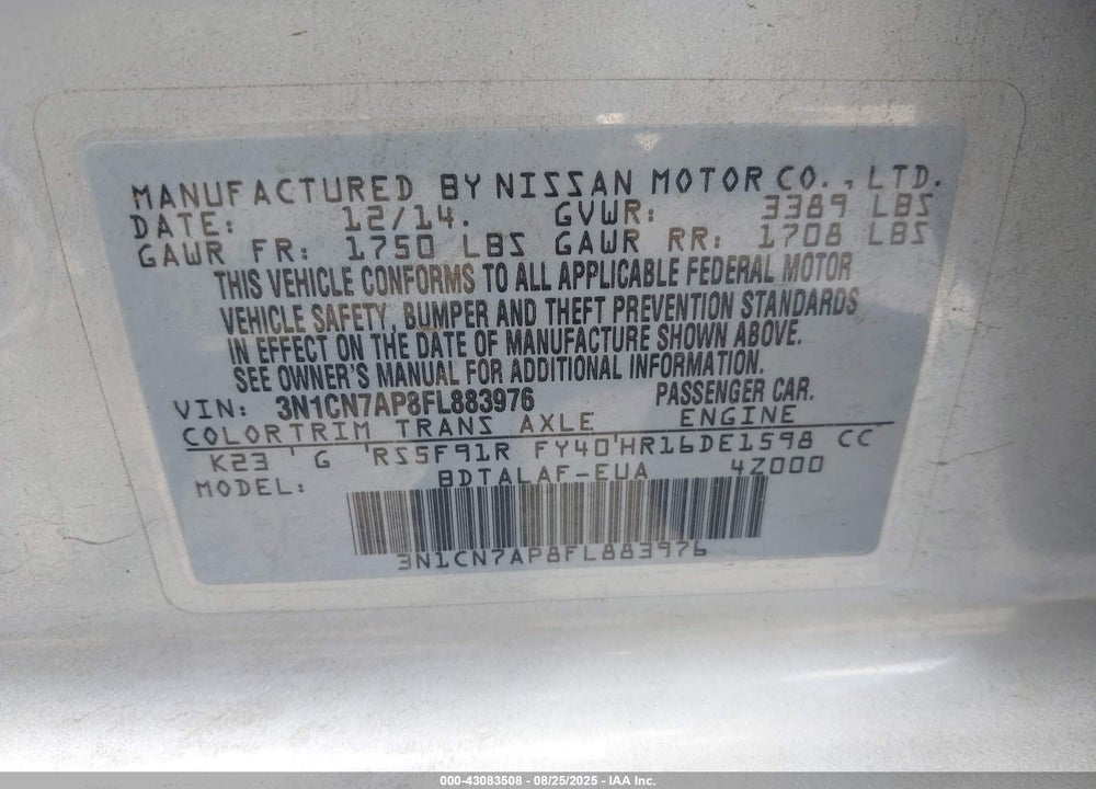 2015 NISSAN VERSA 1.6 S+ VIN: 3N1CN7AP8FL883976