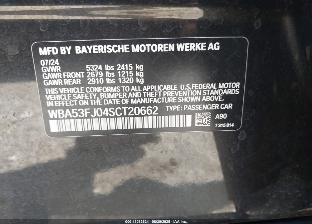 2025 BMW 530 I XDRIVE VIN: WBA53FJ04SCT20662