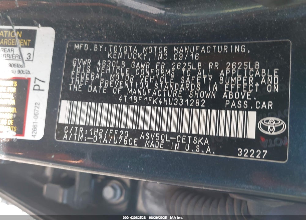 2017 TOYOTA CAMRY VIN: 4T1BF1FK4HU331282