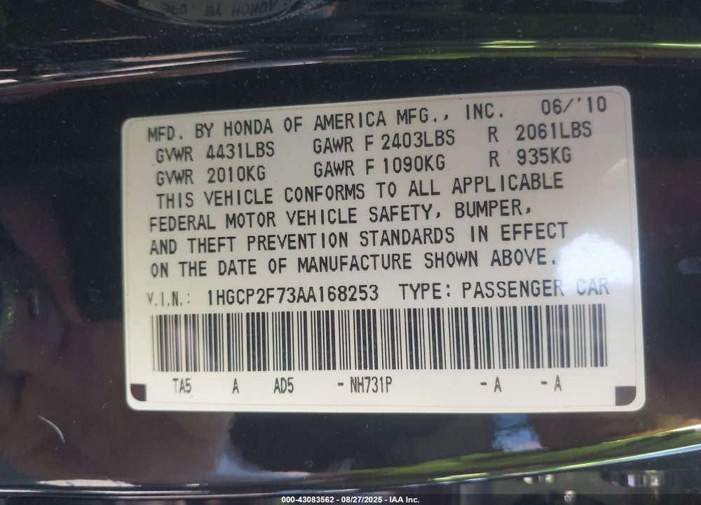 2010 HONDA ACCORD VIN: 1HGCP2F73AA168253