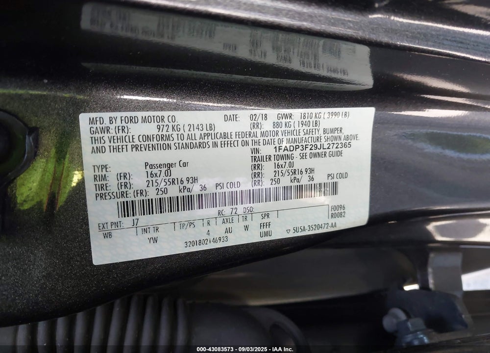 2018 FORD FOCUS VIN: 1FADP3F29JL272365