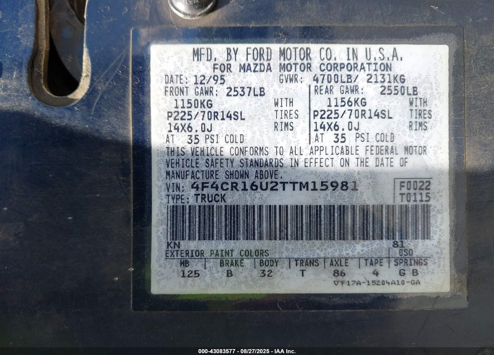 1996 MAZDA B3000 CAB PLUS VIN: 4F4CR16U2TTM15981