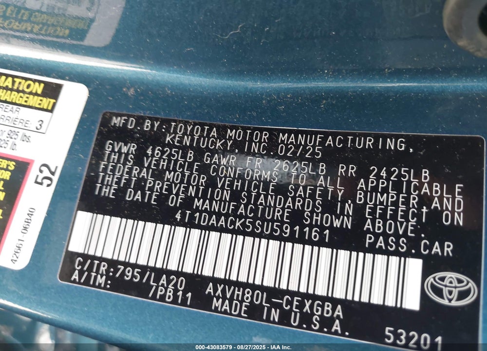 2025 TOYOTA CAMRY VIN: 4T1DAACK5SU591161