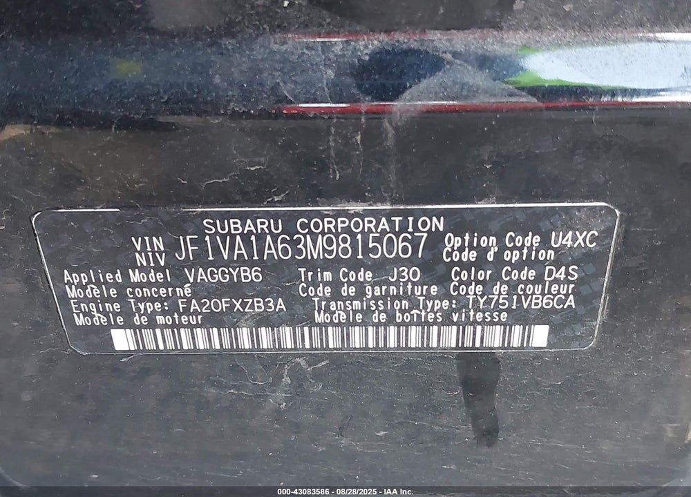 2021 SUBARU WRX VIN: JF1VA1A63M9815067