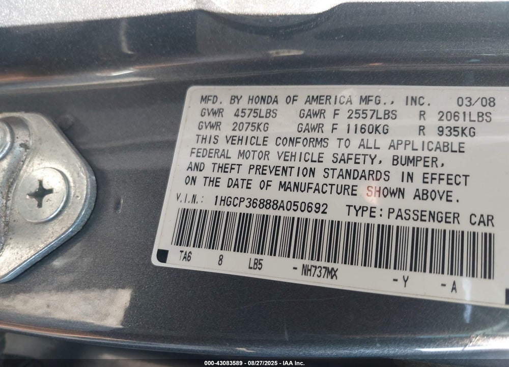 2008 HONDA ACCORD 3.5 EX-L VIN: 1HGCP36888A050692