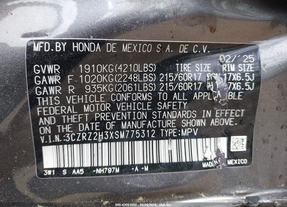 2025 HONDA HR-V VIN: 3CZRZ2H3XSM775312