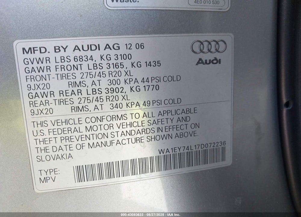 2007 AUDI Q7 VIN: WA1EY74L17D072236