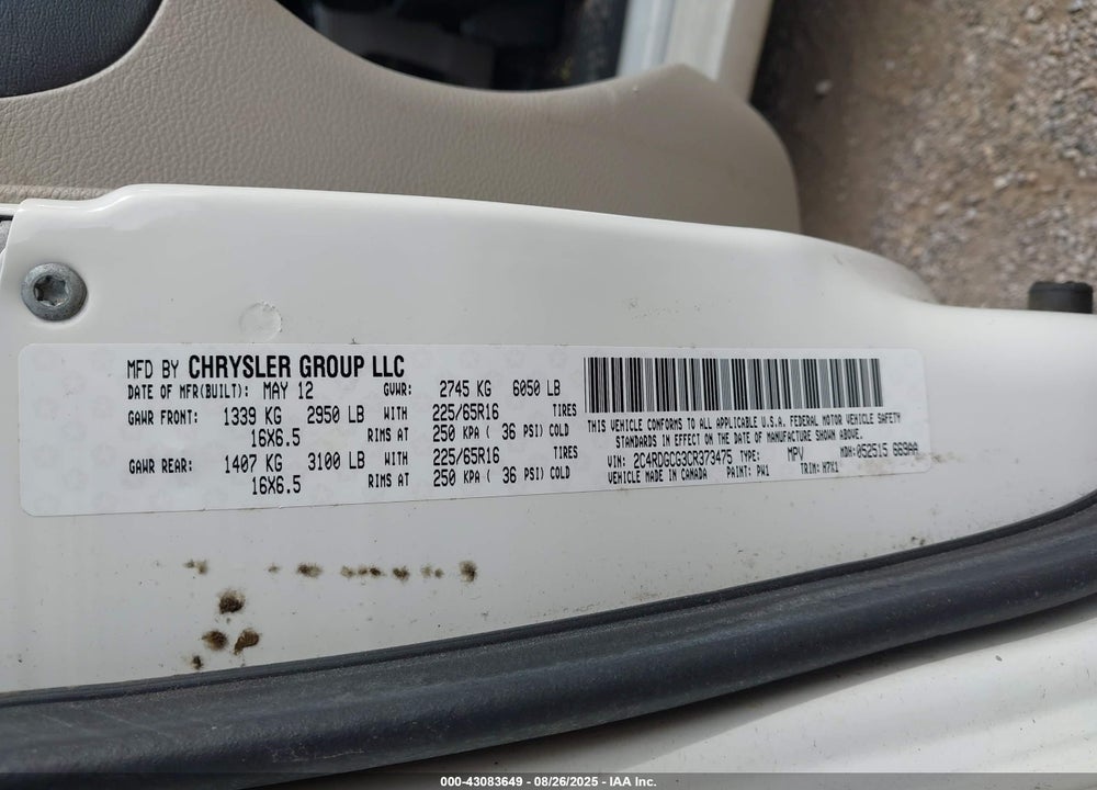 2012 DODGE GRAND CARAVAN SXT VIN: 2C4RDGCG3CR373475