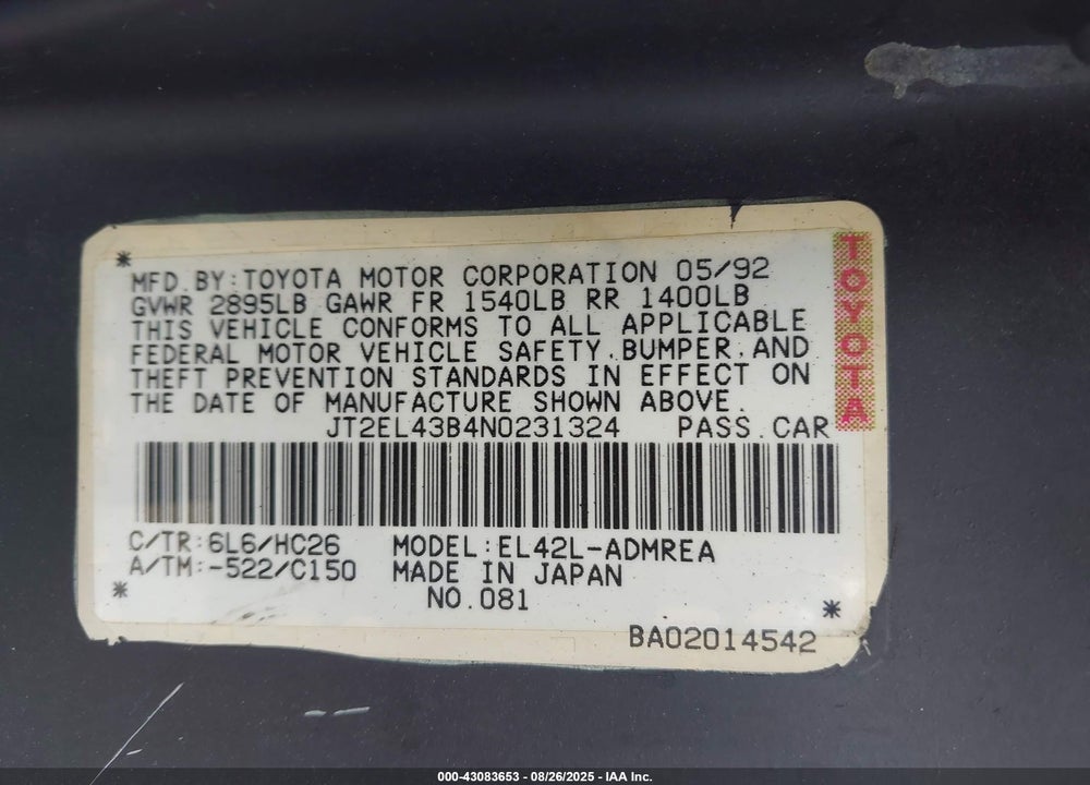 1992 TOYOTA TERCEL DELUXE VIN: JT2EL43B4N0231324