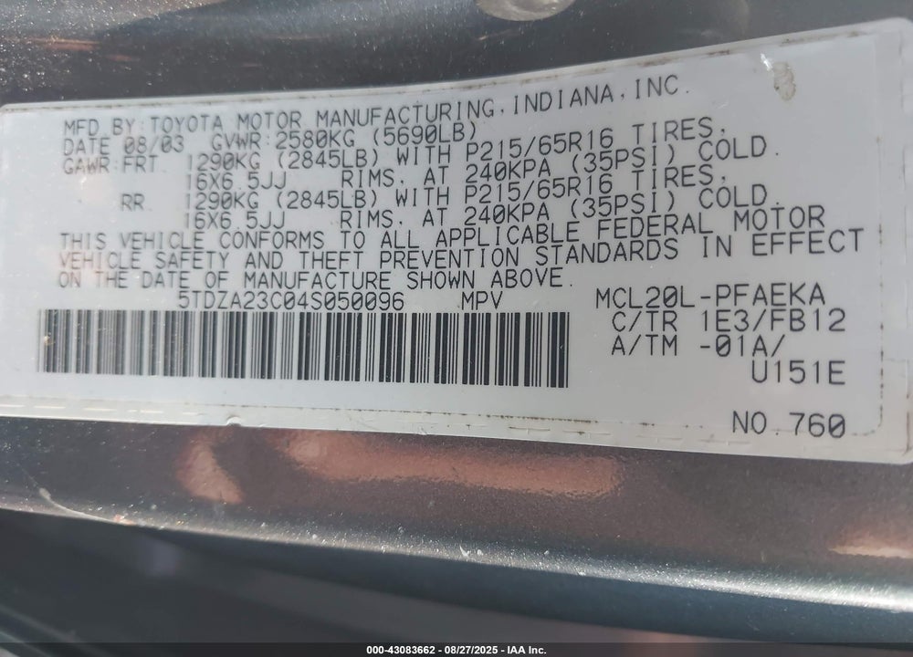 2004 TOYOTA SIENNA LE VIN: 5TDZA23C04S050096