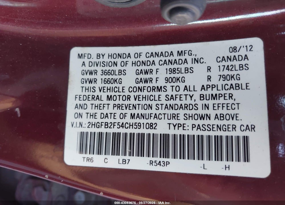 2012 HONDA CIVIC VIN: 2HGFB2F54CH591082
