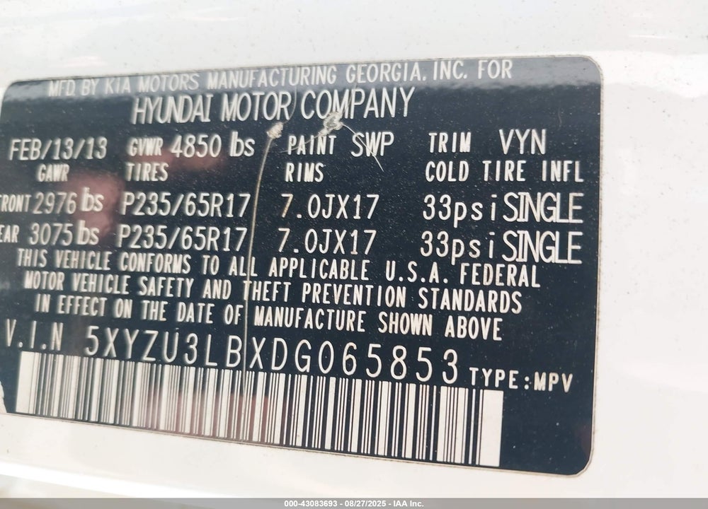 2013 HYUNDAI SANTA FE VIN: 5XYZU3LBXDG065853