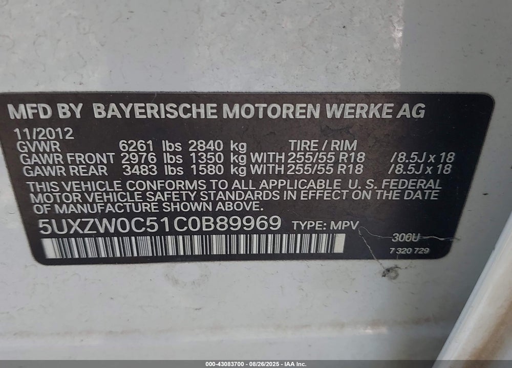 2012 BMW X5 VIN: 5UXZW0C51C0B89969