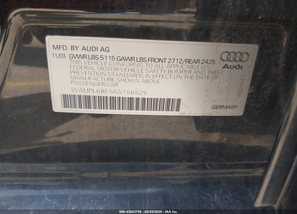 2004 AUDI S4 4.2 VIN: WAUPL68E54A156525
