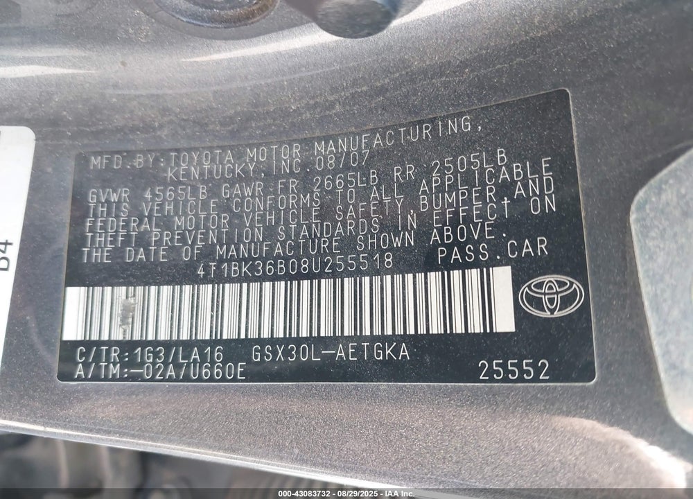 2008 TOYOTA AVALON VIN: 4T1BK36B08U255518