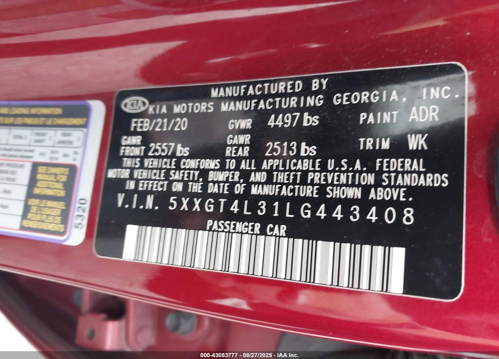 2020 KIA OPTIMA VIN: 5XXGT4L31LG443408