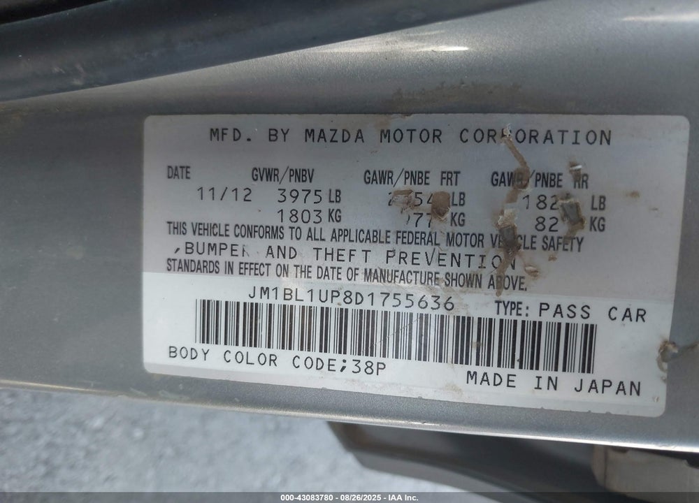 2013 MAZDA 3 VIN: JM1BL1UP8D1755636