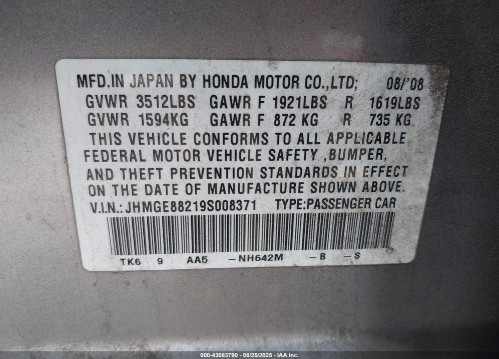 2009 HONDA FIT VIN: JHMGE88219S008371
