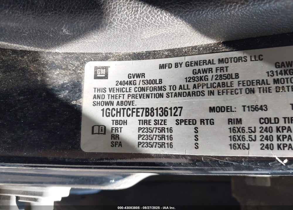 2011 CHEVROLET COLORADO VIN: 1GCHTCFE7B8136127