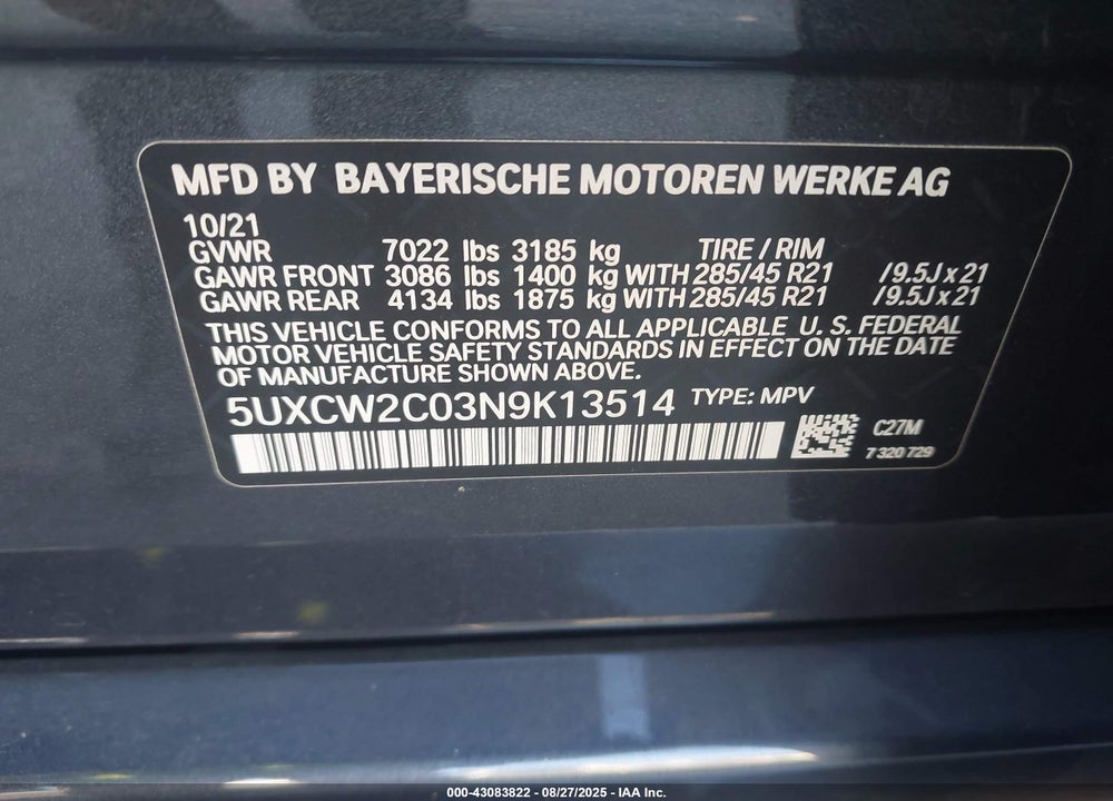 2022 BMW X7 XDRIVE40I VIN: 5UXCW2C03N9K13514