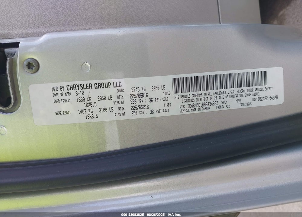 2010 DODGE GRAND CARAVAN SXT VIN: 2D4RN5D16AR434832