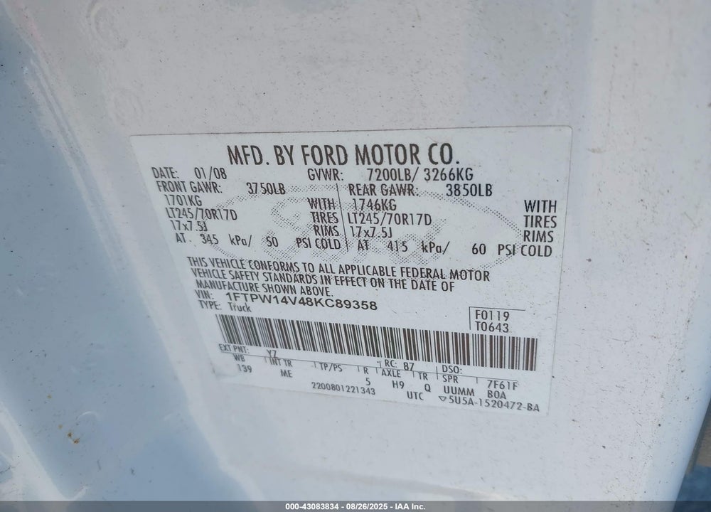 2008 FORD F-150 VIN: 1FTPW14V48KC89358