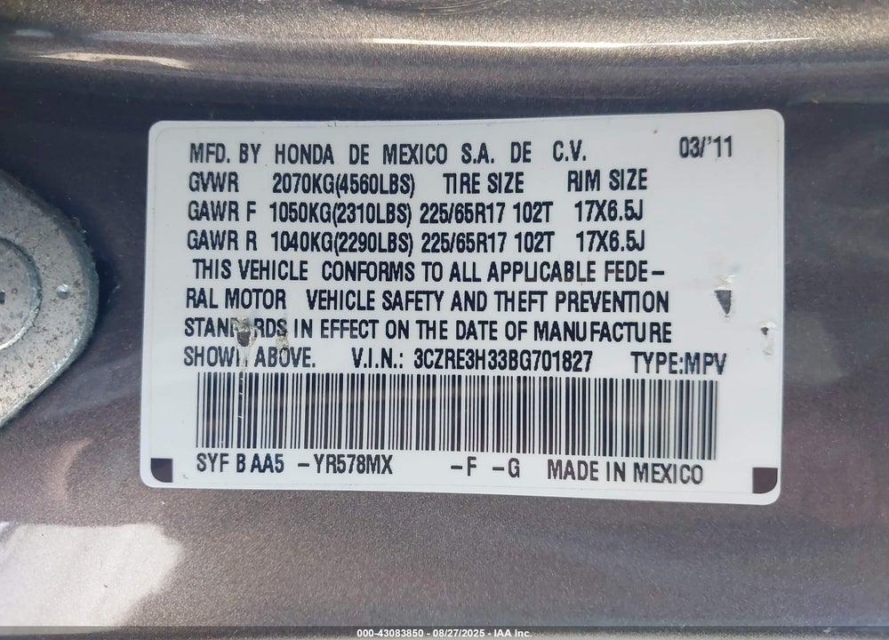 2011 HONDA CR-V LX VIN: 3CZRE3H33BG701827