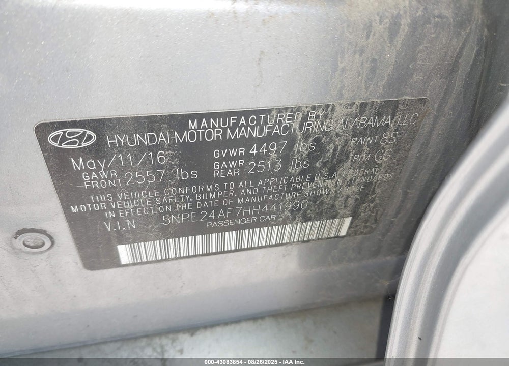 2017 HYUNDAI SONATA VIN: 5NPE24AF7HH441990