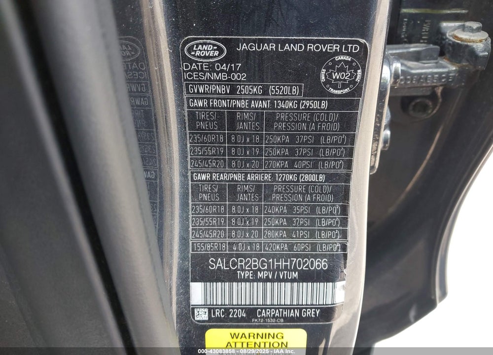 2017 LAND ROVER DISCOVERY SPORT VIN: SALCR2BG1HH702066