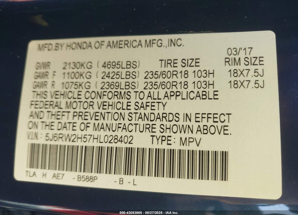 2017 HONDA CR-V EX VIN: 5J6RW2H57HL028402