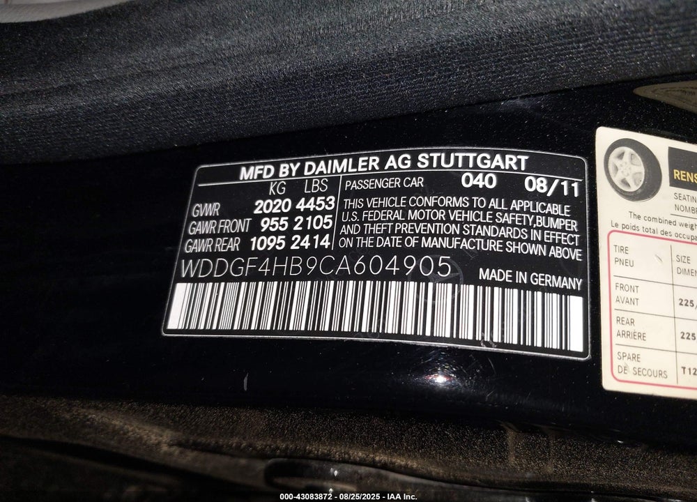 2012 MERCEDES-BENZ C CLASS VIN: WDDGF4HB9CA604905