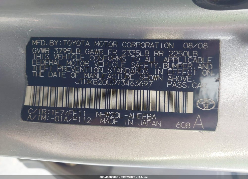 2009 TOYOTA PRIUS VIN: JTDKB20U393463697